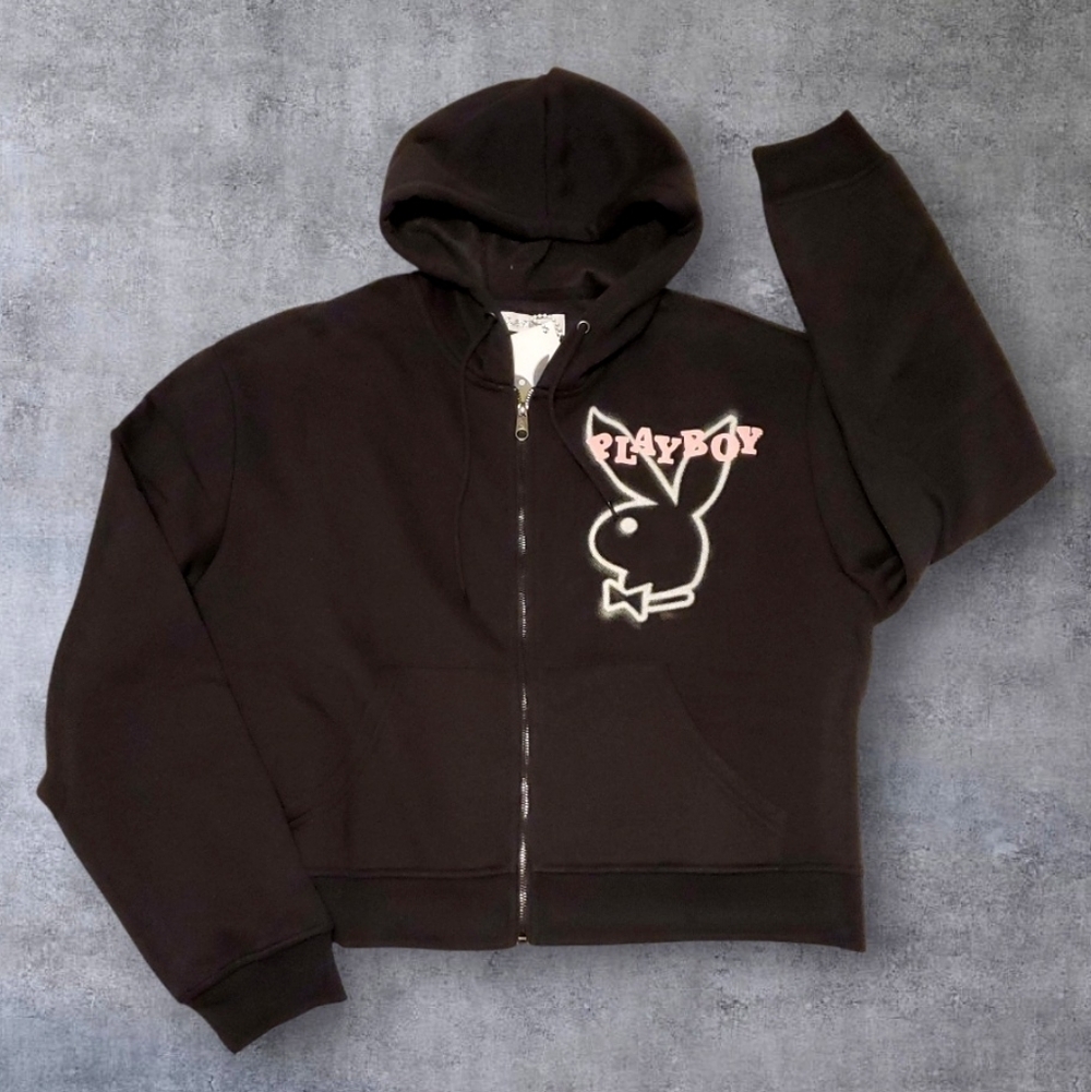 PLAYBOY Black Zip Up Hoodie with Pink Bunny Logo